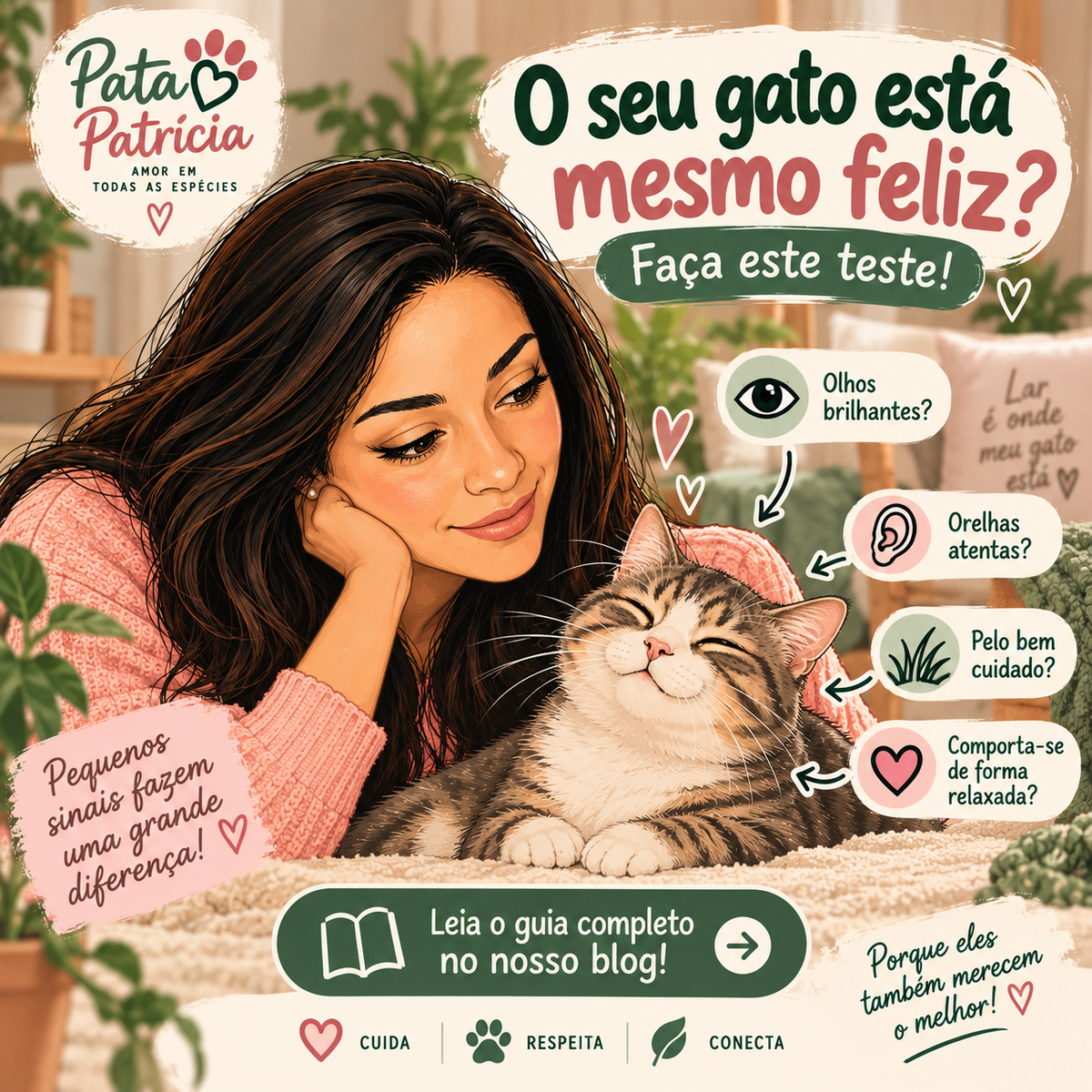 Pata Patrícia observa um gato relaxado com sinais de bem-estar felino