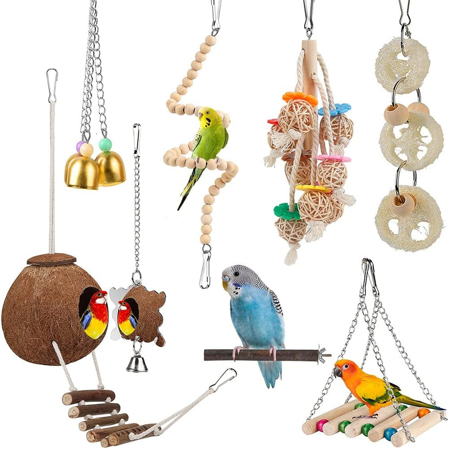 Kit 8 Brinquedos para Aves – Coco, Escada, Sino e Poleiros