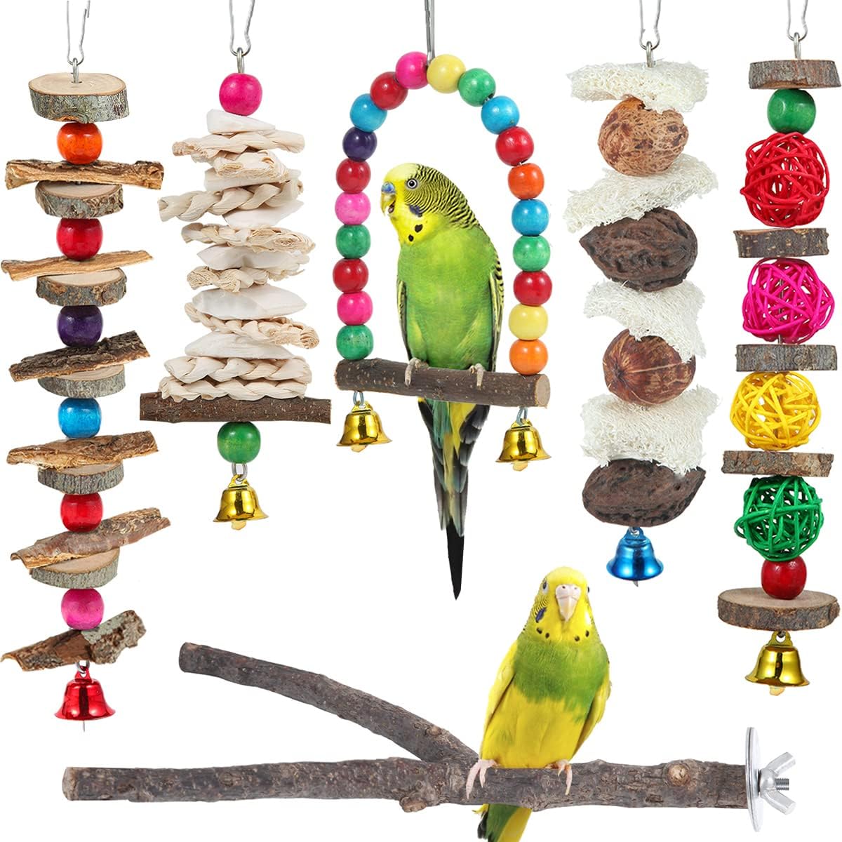 Pack 6 Acessórios de Madeira para Aves – Poleiros e Brinquedos